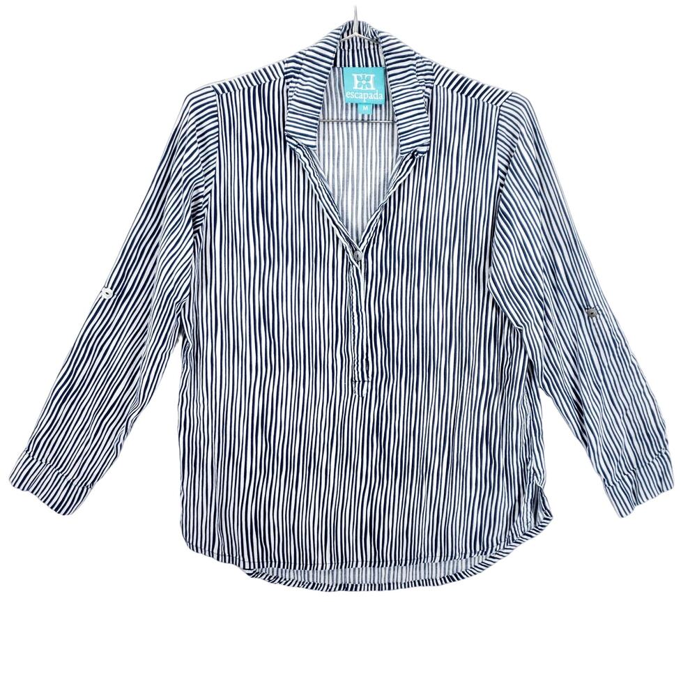Escapada Shirt Womens Medium Blue White Striped Roll Tab Sleeve Popover Top